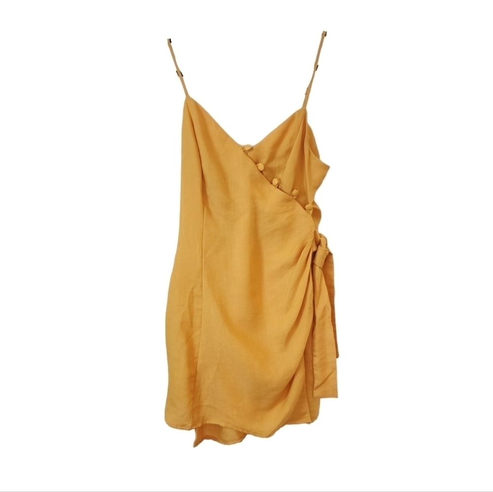Moon River Spaghetti Strap Wrap Mini Dress in Mustard